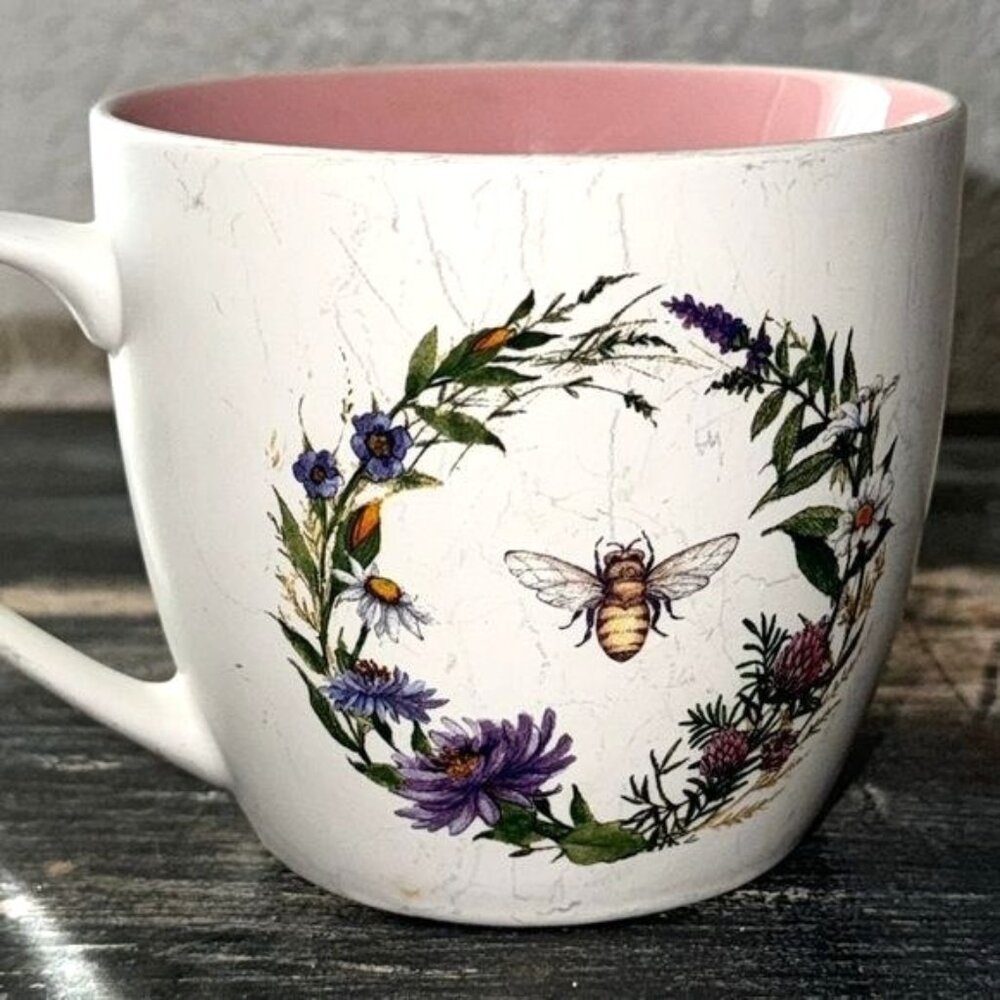 Floral Bee Wreath Mug With Pink Interior By Prima Design
